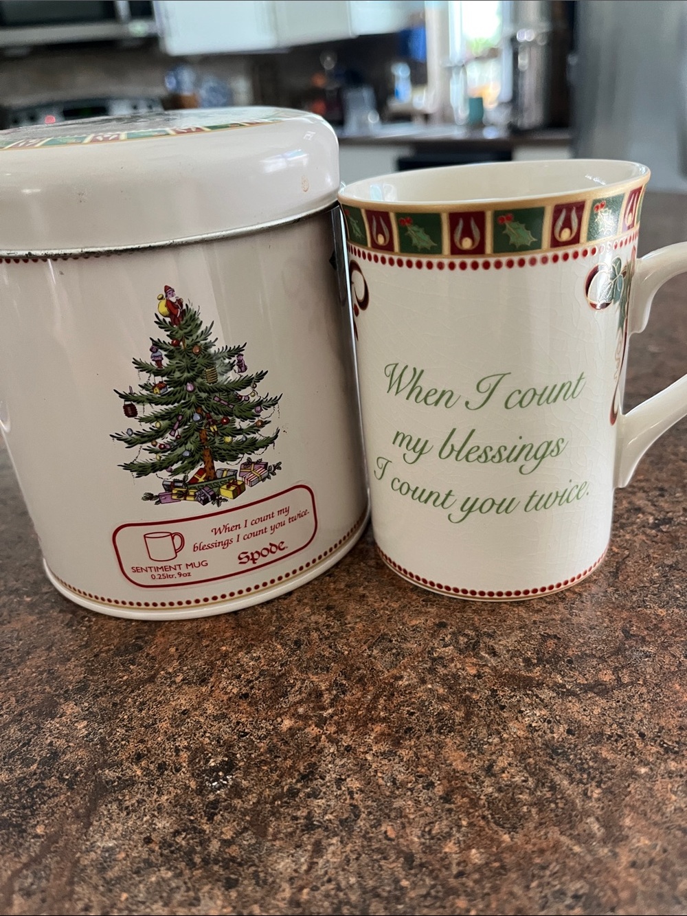 VTG Spode Christmas sentiment mug and tin with lid set Count Blessings 9oz